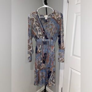 Enfocus Blue and Cream Paisley Long Sleeve Dress
